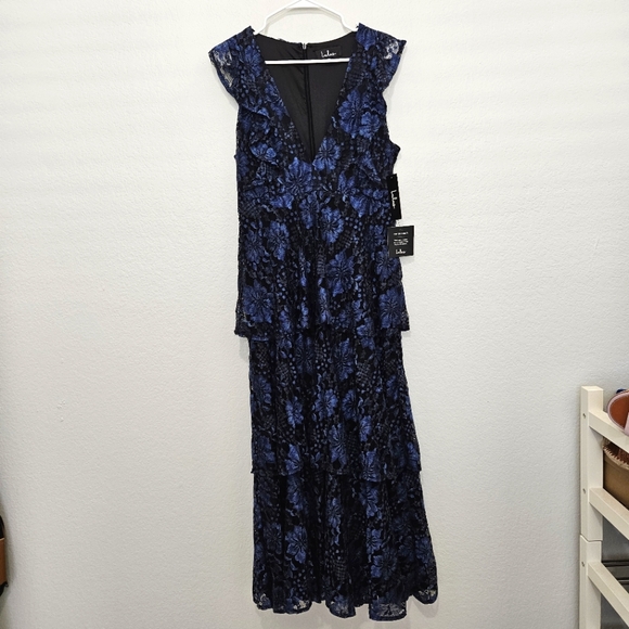 NWT Lulus | Molinetto Navy Blue Lace Ruffled Tiered Sleeveless Maxi Women XL - Picture 5 of 11